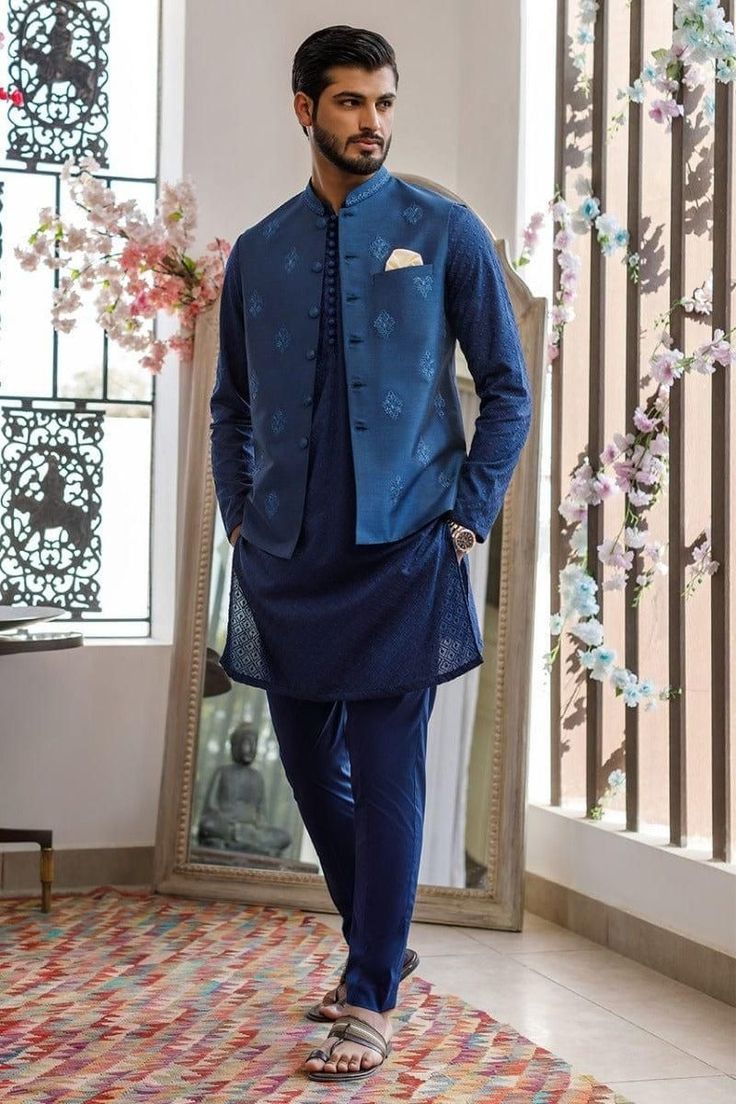 Blue kurta with Nehru jacket